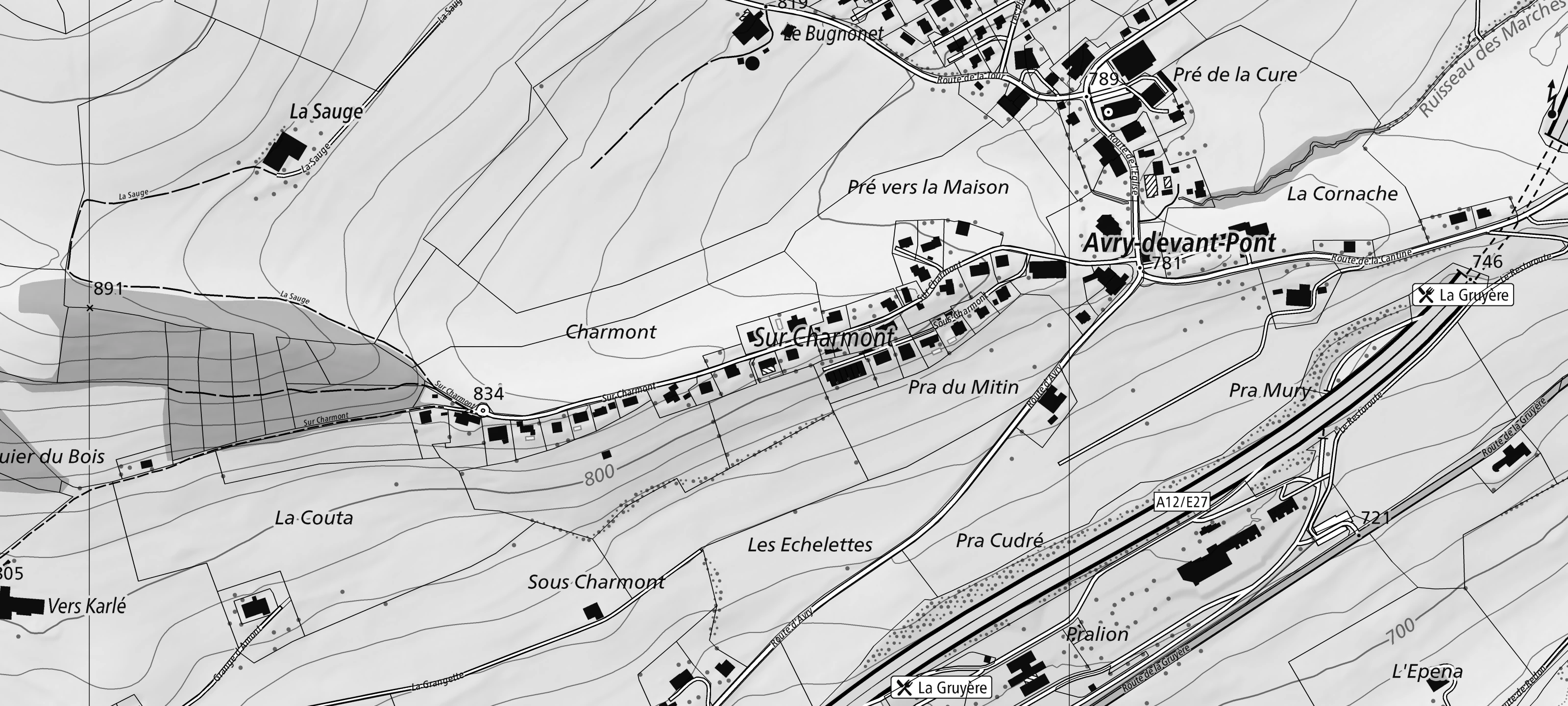 Carte nationale : Avry-devant-Pont, dans la pente à l’ouest du village ; le projet est marqué d’un cercle