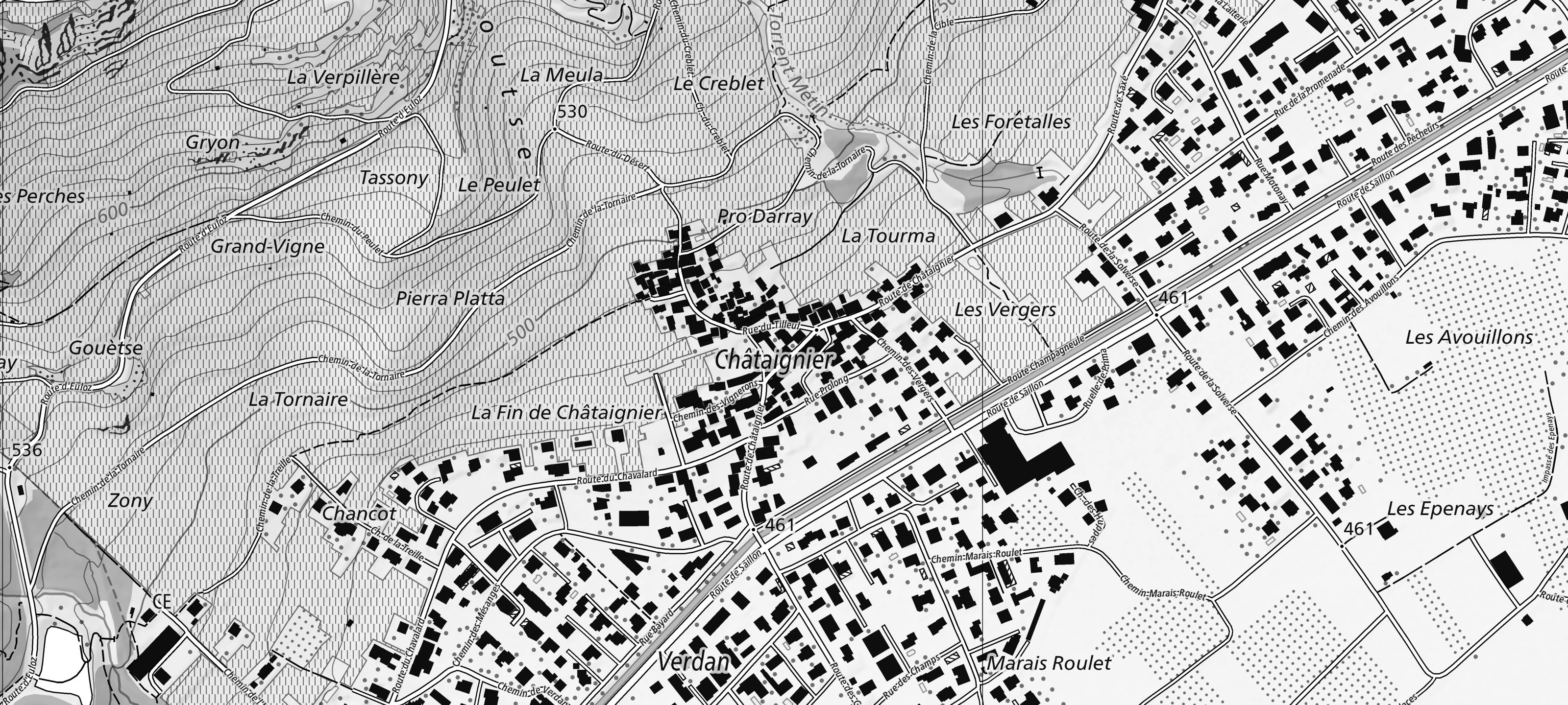 Carte nationale : Châtaignier, hameau de Fully, au pied du coteau de vignes ; le projet est marqué d’un cercle