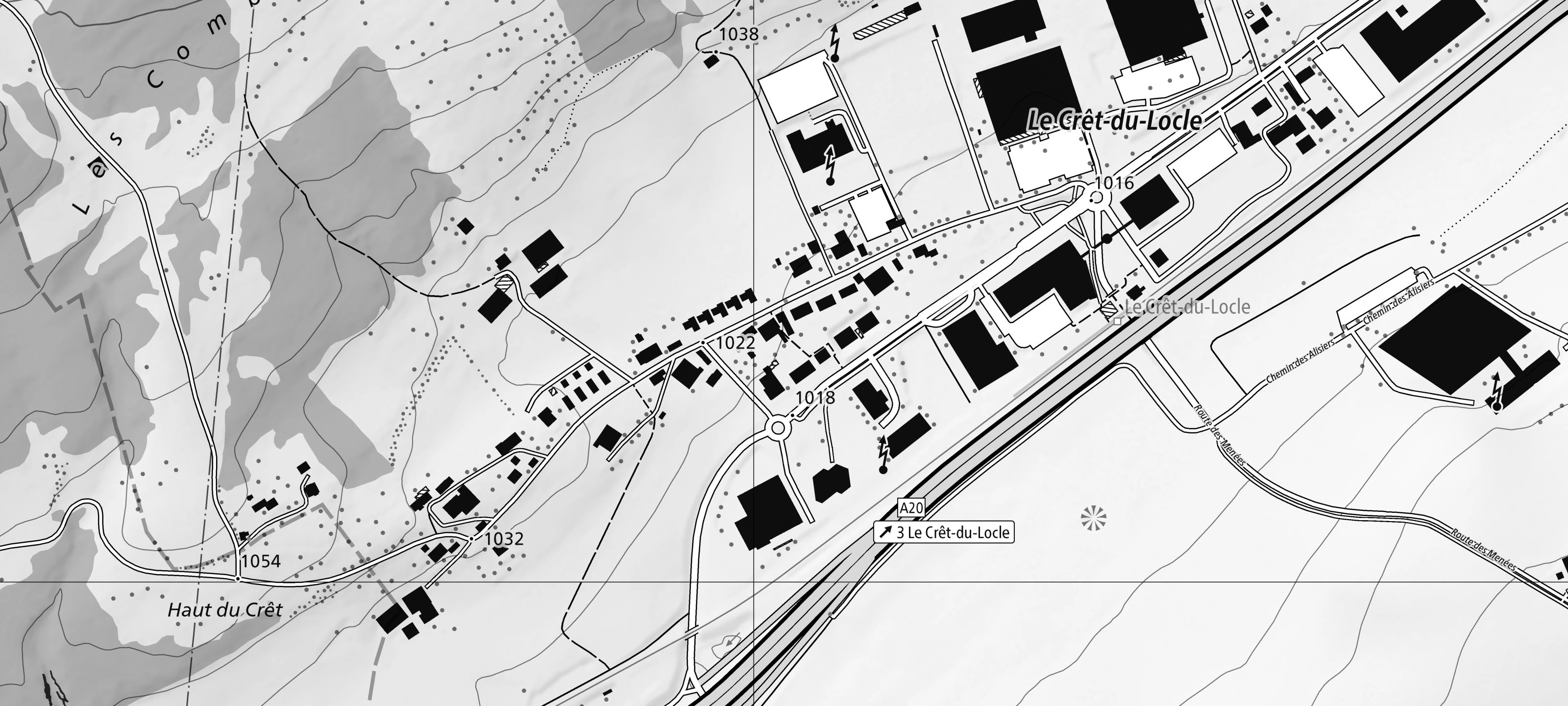 Carte nationale : Le Crêt-du-Locle, entre La Chaux-de-Fonds et Le Locle ; le projet est marqué d’un cercle, son voisin, La galerie habitée, d’un cercle plus fin