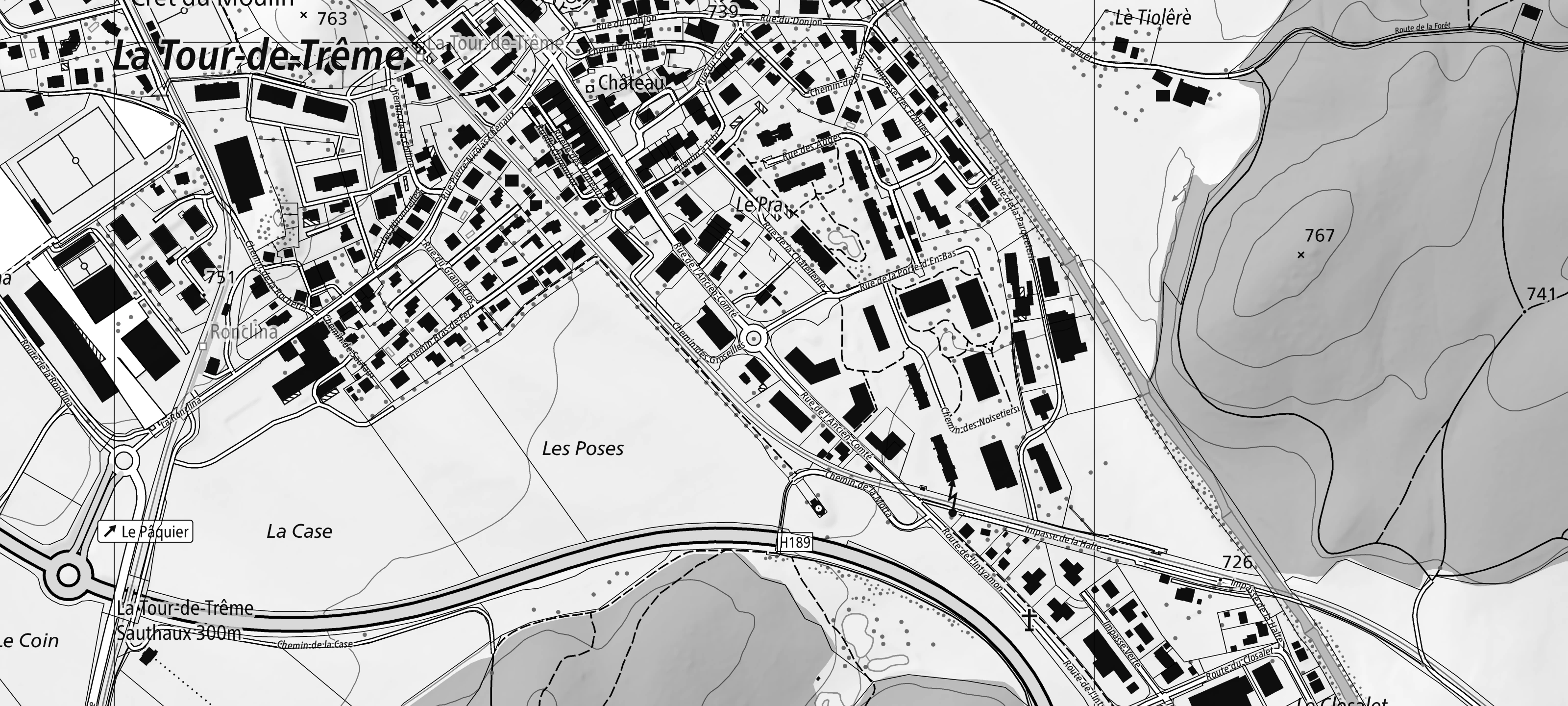 Carte nationale : La Tour-de-Trême, au sud de Bulle ; le bureau est marqué d’un cercle