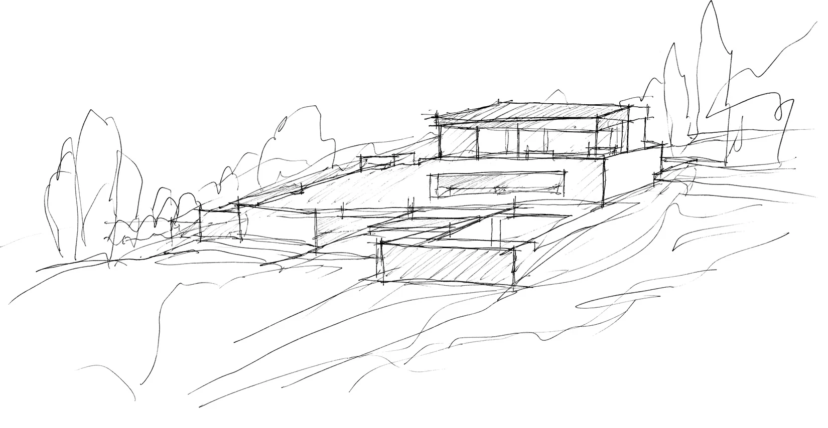 Esquisse de concept de Du lac au Moléson : une maison en terrasses dans une forte pente