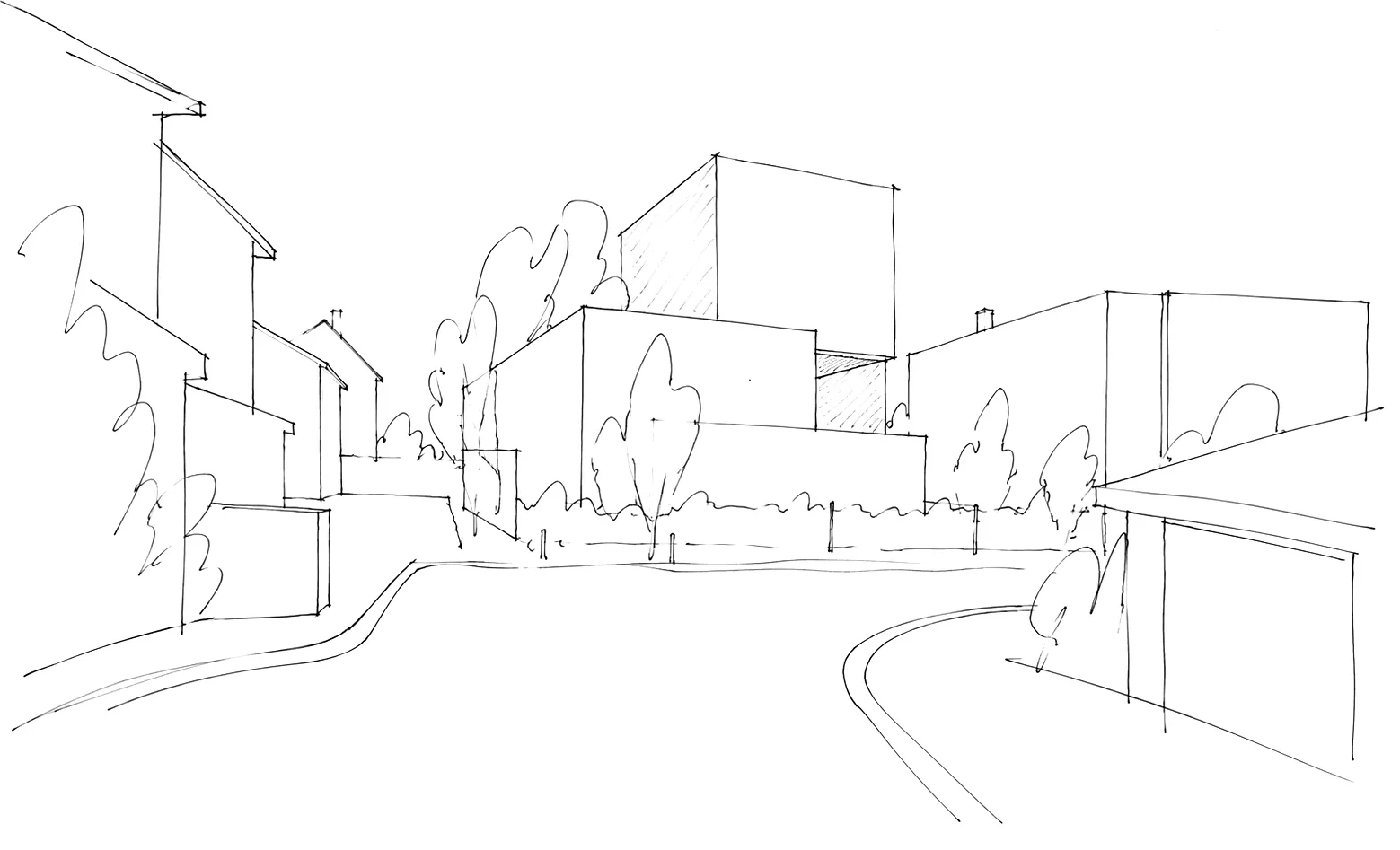 Esquisse de concept d’Habiter le vide : un immeuble creusé entre les maisons d’une rue