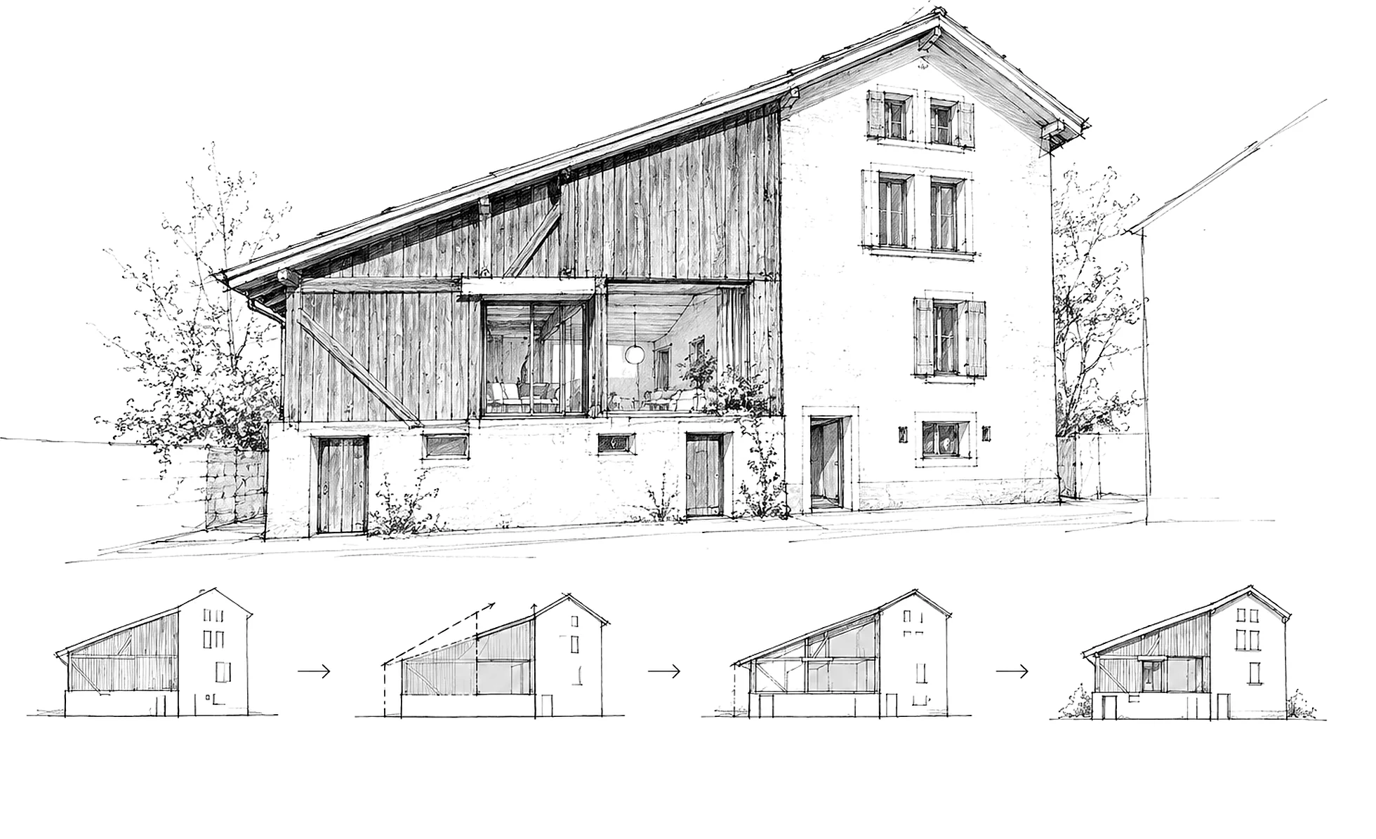 Planche de concept. En grand, la maison et sa grange vues de la rue, en perspective : à gauche, la grange au bardage de planches verticales sous son long toit à un pan, ouverte de deux grandes baies vitrées sur un séjour, au-dessus d’un socle maçonné percé de portes ; à droite, accolée, la maison maçonnée à pignon, aux fenêtres à volets. Dessous, quatre petites façades reliées par des flèches suivent la transformation de la grange, les espaces transformés en gris clair